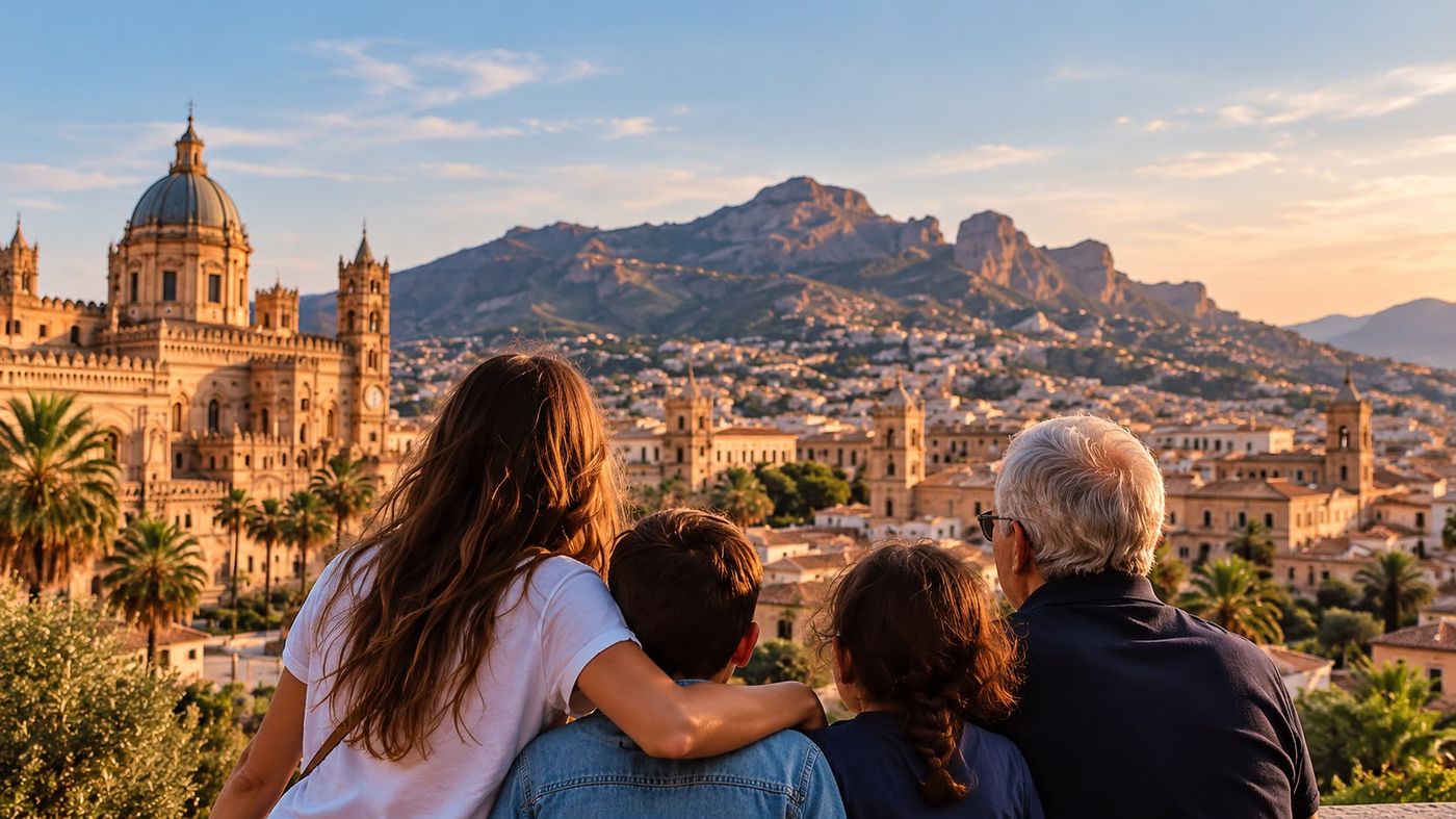 Tre generazioni, di spalle, guardano Palermo e le montagne al tramonto